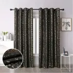 Gold Foil Print Linen Blackout Curtains 3PCs (1.5 mtrs each+1.5 mtrs each+Sheers: White :3 mtrs)